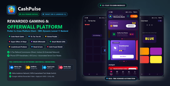 CashPulse | Rewarded Gaming Platform with Multi-Offerwalls, HTML5 Games and Laravel Admin Panel