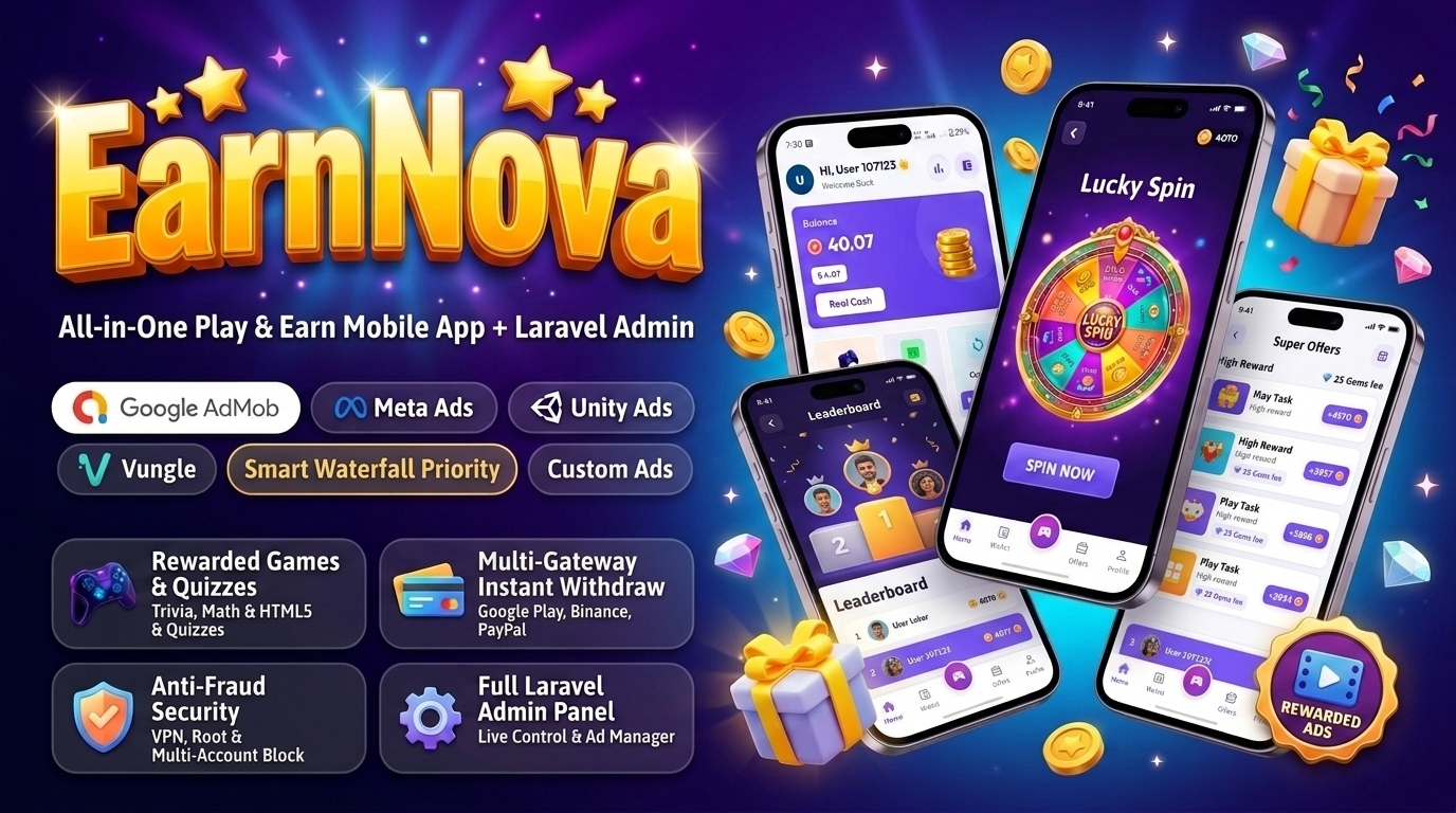 EarnNova | Rewarded Gaming Platform with 5-Tier Waterfall Mediation, HTML5 Arcade, Quizzes & Laravel Admin Panel